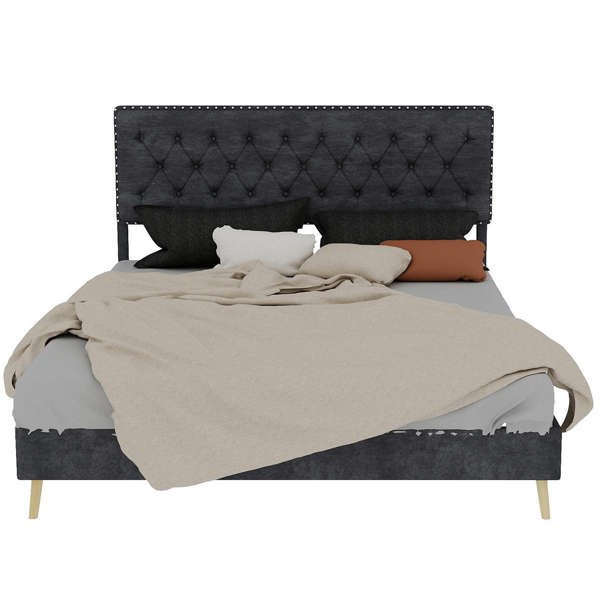 POLSTERBETT 160/200 cm grau aus Stoff und Metall mit hohem Kopfteil - Grau, Textil (160/200cm) - OKWISH