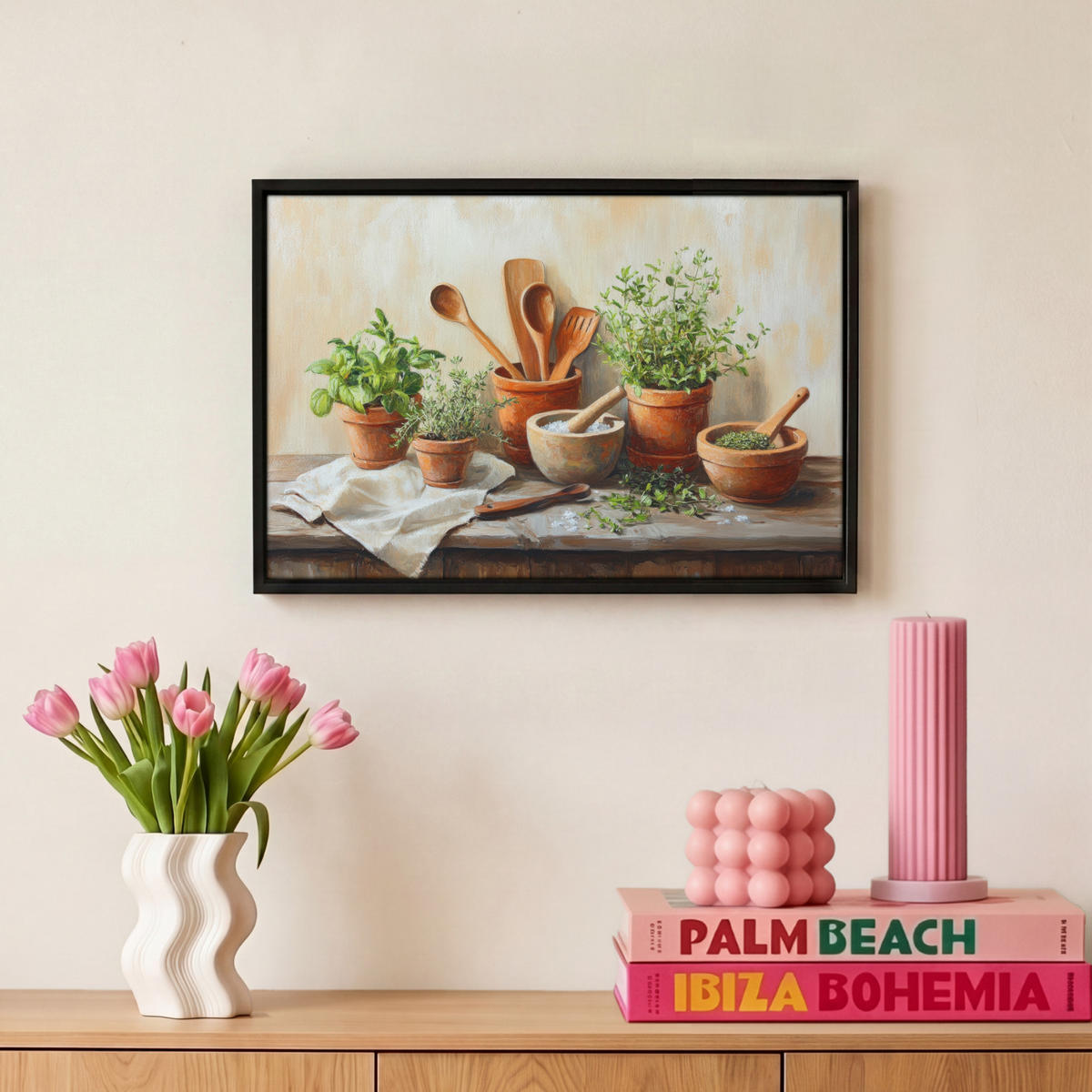 LEINWAND Bilder mit Rahmen - Töpfe - Kräuter - Holz - 30x20 - Terracotta, Textil (30/20cm) - MuchoWow