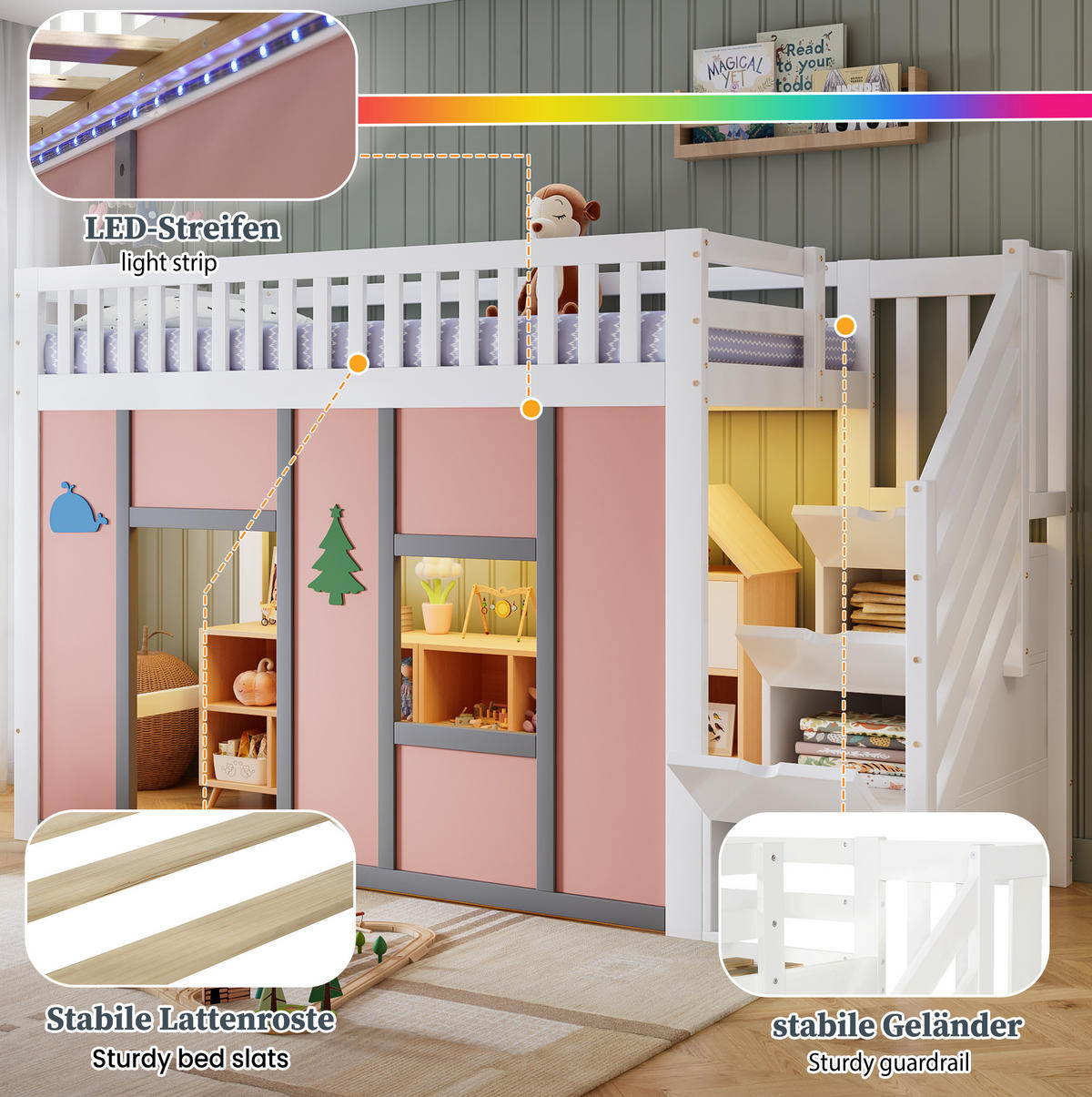 HALBHOCHBETT 90x200 cm in Weiß und Pink mit Stauraumtreppe und LED-Beleuchtung - Weiß, Holz (90/200cm) - IVMEU