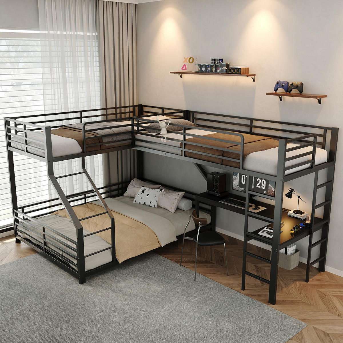 ETAGENBETT 90/200 cm Schwarz mit Schreibtisch, USB- und Type-C-Schnittstelle - Schwarz, Metall (90/200cm) - Oxeza