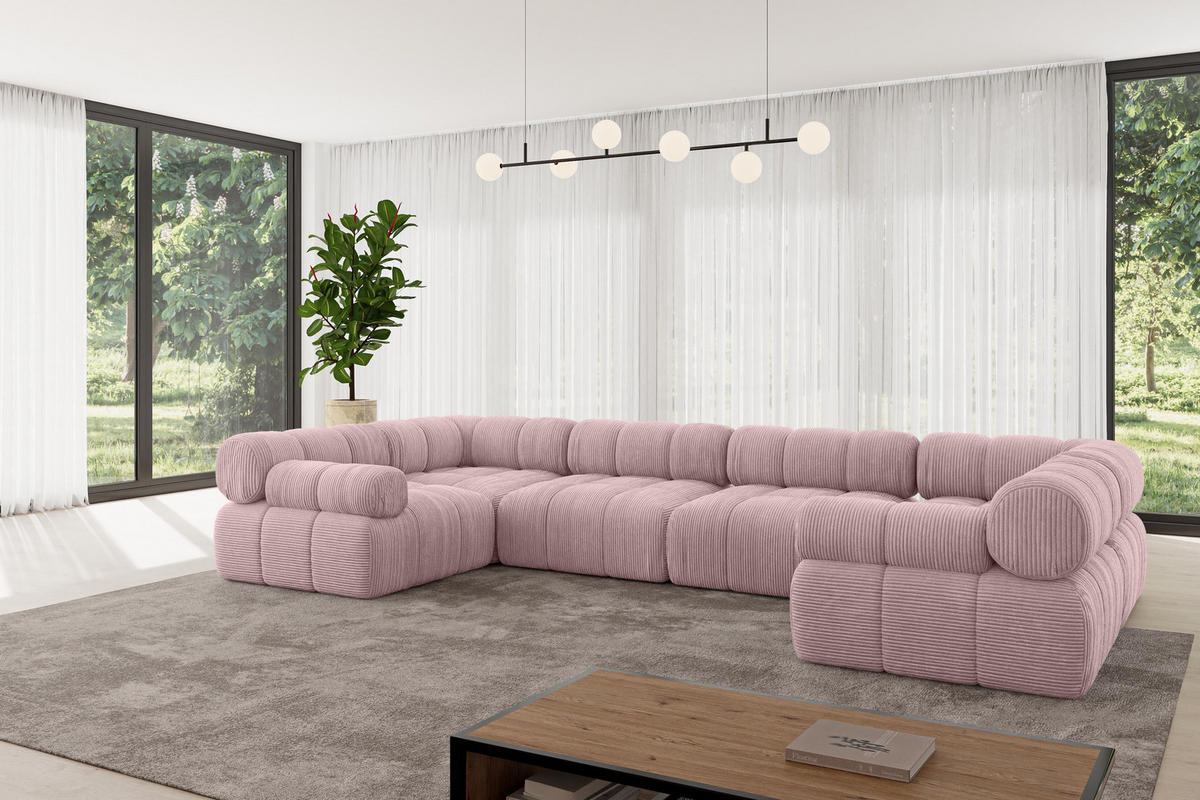 WOHNLANDSCHAFT modulares Sofa Birno-U2 - 380x190x70 cm Rosa Cord - Rosa, Holzwerkstoff/Textil (380/70/190cm) - ALTDECOR