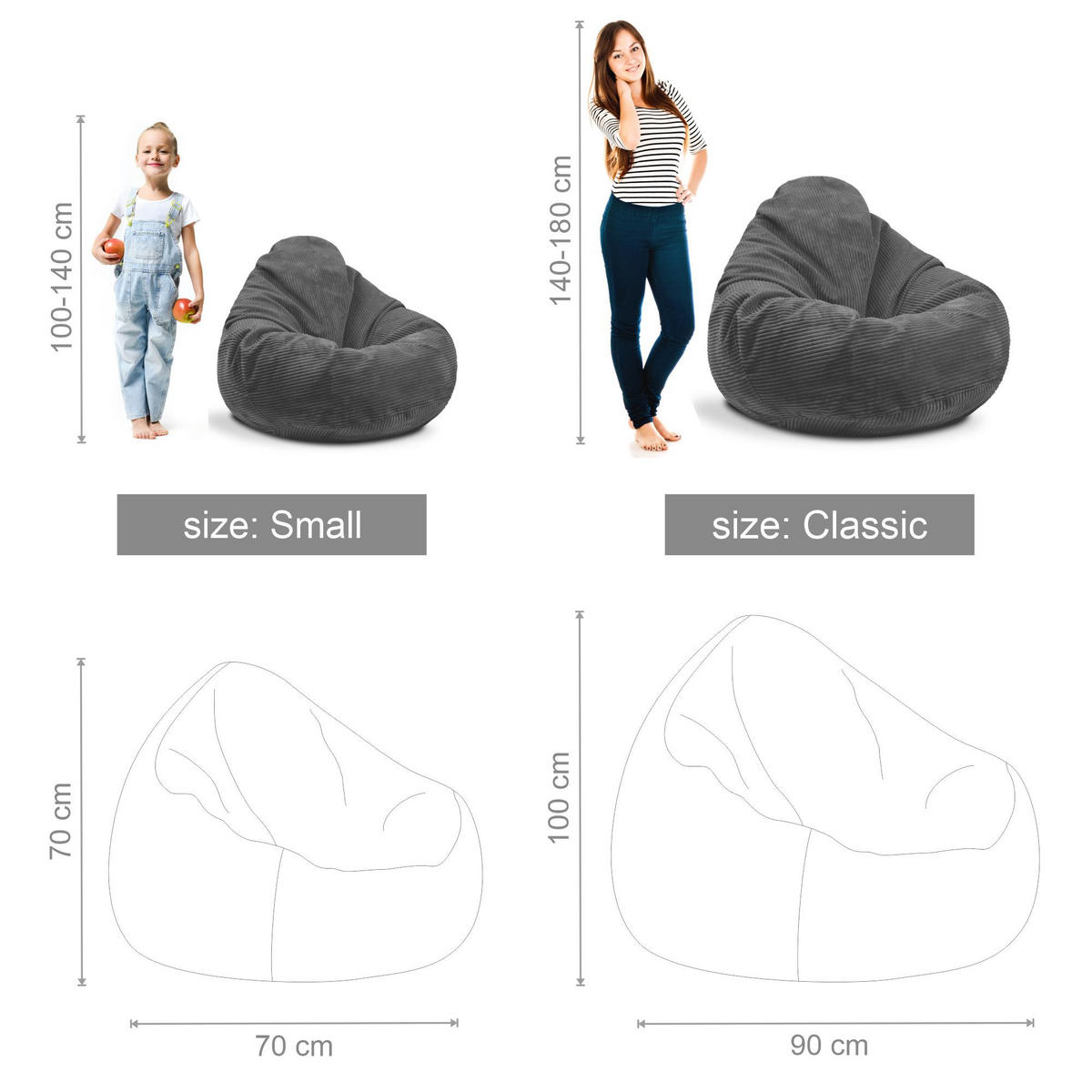 SITZSACK PARADISE MIT FUßSTÜTZE Kordsamt 2-tlg Granite Gray S - Dunkelgrau, Textil (70/70/70cm) - Dreamroots