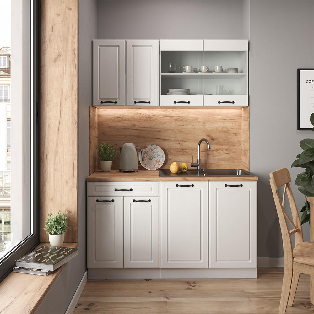SINGLEKÜCHE R-Line Weiß Landhaus/Weiß 140 cm ohne AP - Creme/Weiß, Holzwerkstoff (140/81.6/46cm) - Vicco