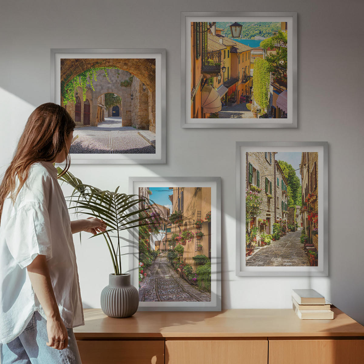 WANDBILDER 4er Set - 50x50 cm & 40x60 cm Silberner Rahmen - Italienische Straßen, Blumen, Architektur - Silberfarben, Kunststoff (50/50cm) - ArtPrintCave