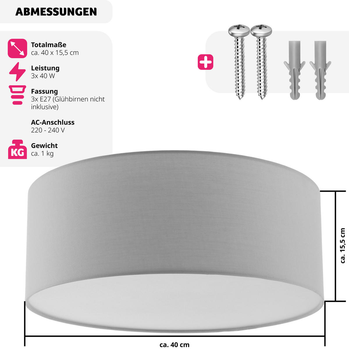 DECKENLEUCHTE Circum ,40 x 15,5 cm ,grau - Grau, Kunststoff (40/40/15.5cm) - tectake