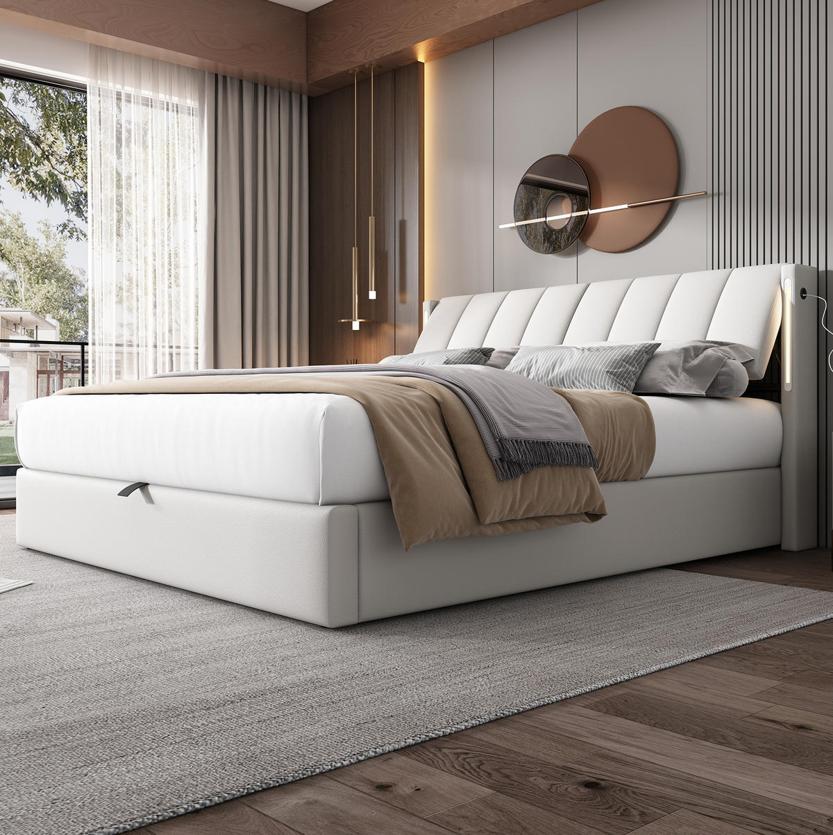 POLSTERBETT 140/200 cm mit Bettkasten, LED & USB, verstellbares Kopfteil, Weiß - Weiß, Kunststoff (140/200cm) - Redom