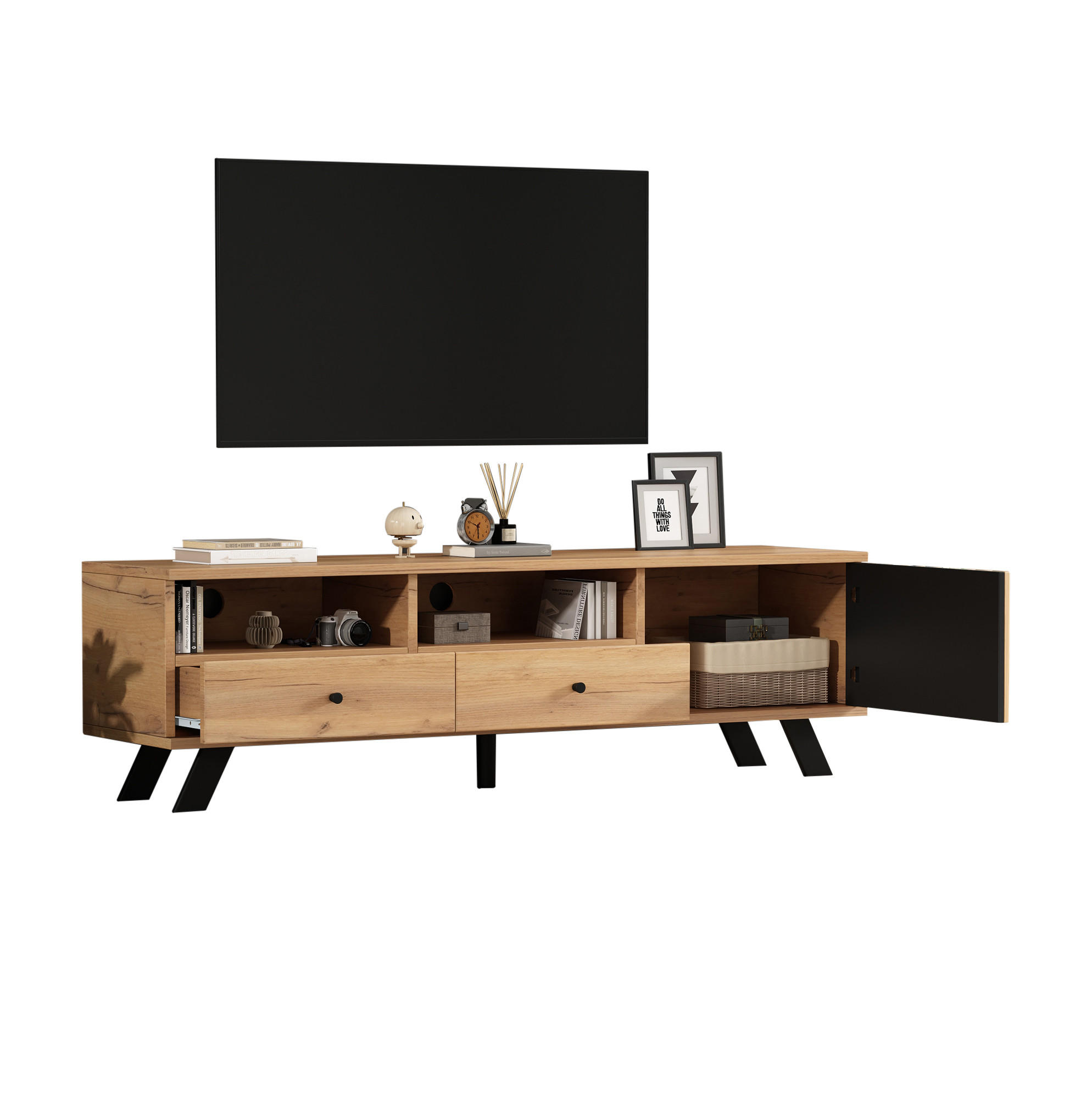 Modfu TV stolek z dřevotřísky 150x38x44 cm přírodní dřevo/černá se 2 zásuvkami a skříňkou pro TV do 60 palců