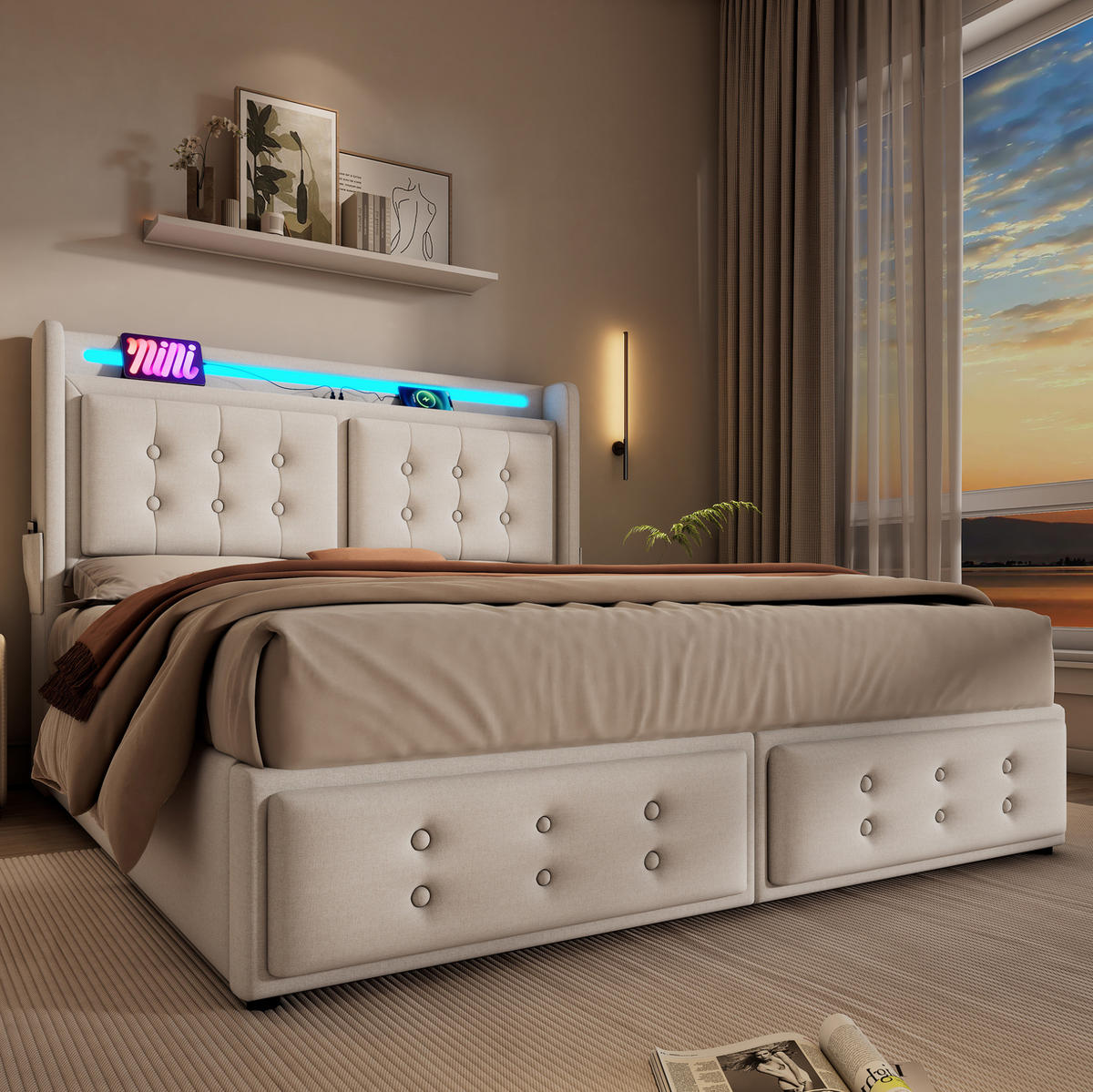 POLSTERBETT mit LED, USB und Stauraum 160x200 cm Beige - Beige, Metall (160/200cm) - Meubliv