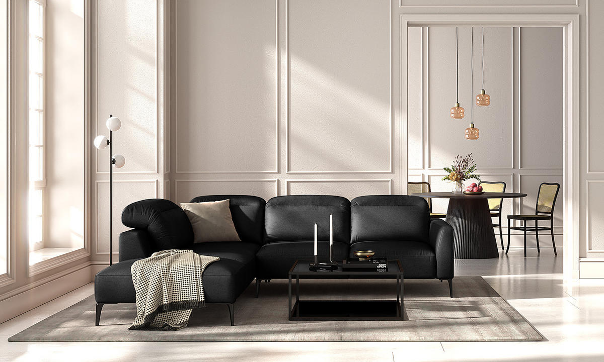 ECKSOFA mit Ottomane - Schwarz, Leder/Metall (263/238cm) - home24