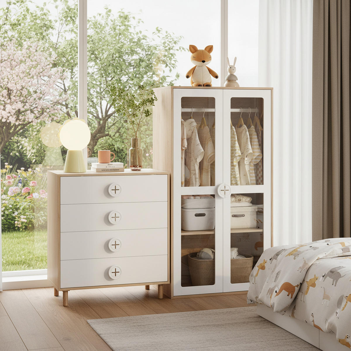 KLEIDERSCHRANK SET Weiß & Holz mit Kommode 2-tlg Möbelkombination - Sonoma Eiche, Glas/Holzwerkstoff (80/150/50cm) - Urban Meuble