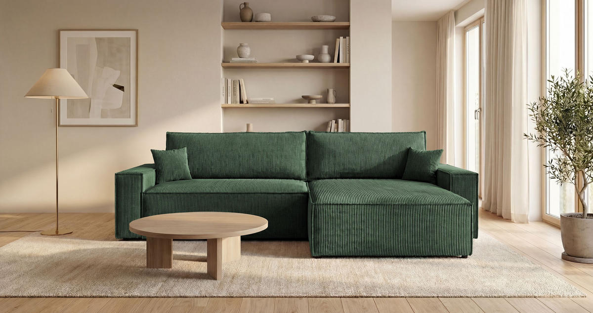 ROHOVÁ pohovka VIENNA pravá zelená manšestr Poso 14 - funkce spaní, úložný prostor - zelená barva, textil (285/184cm) - Cornero