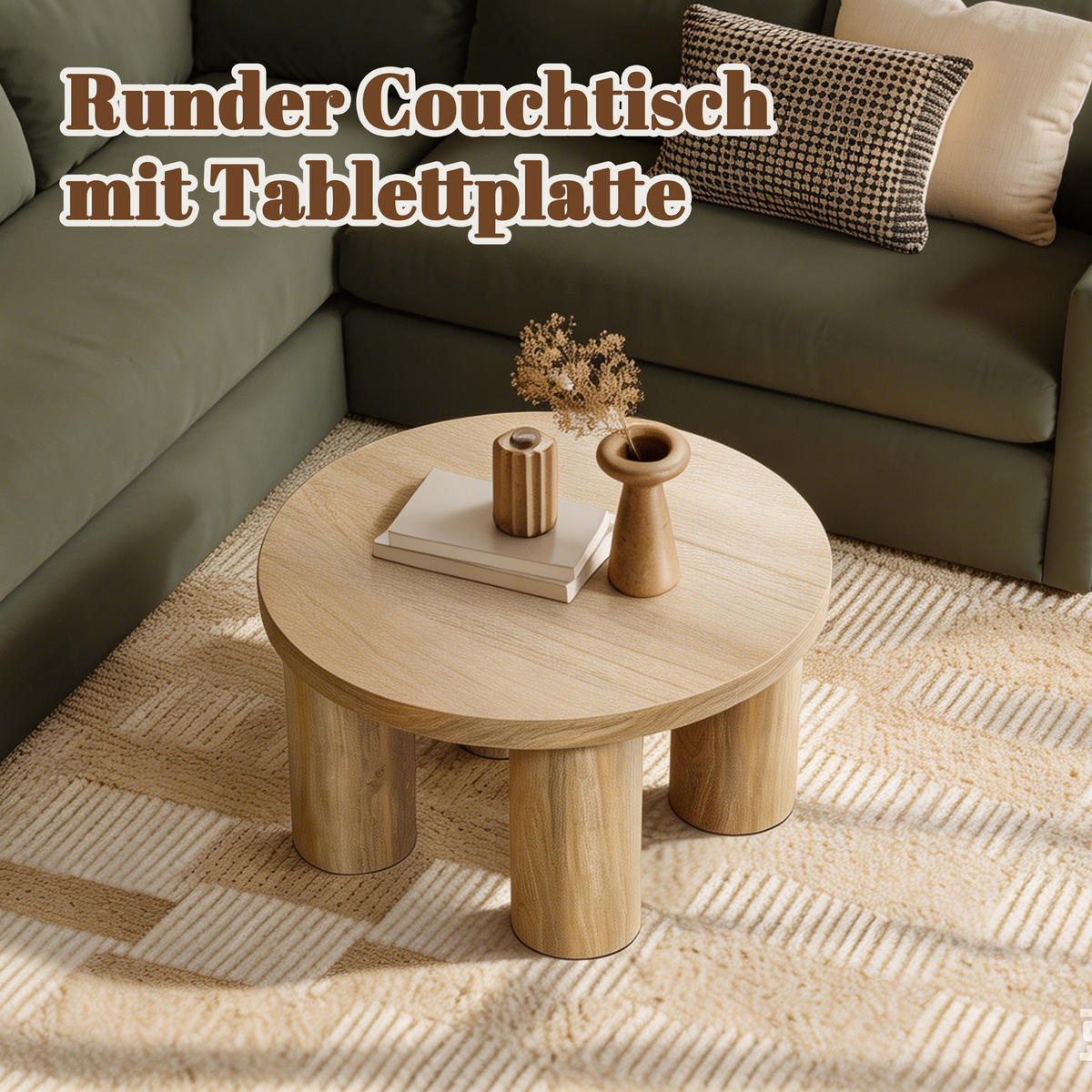 RUNDER Couchtisch aus Holz in Eichenoptik mit 4 Säulenbeinen | Ø70 x H40 cm - Braun, Holzwerkstoff (70/70/40cm) - Hometopia
