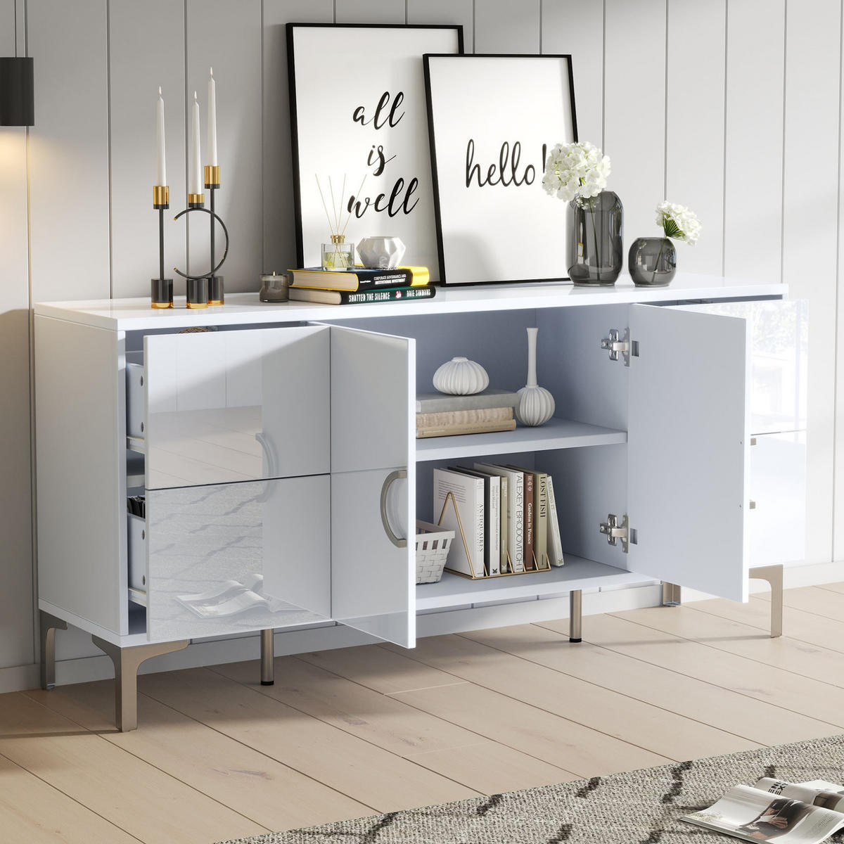 SIDEBOARD 150/38/59.5 cm Weiß aus MDF Hochglanz - Weiß, Holzwerkstoff (38/59.5/150cm) - OKMYHOME