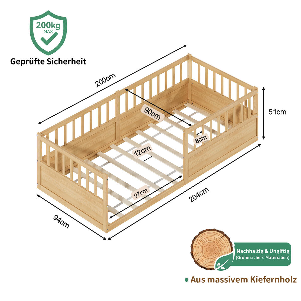 KINDERBETT 90/200 cm in Natur mit Lattenrost und offener Seite - Naturfarben, Holzwerkstoff/Metall (90/200cm) - WISHDOR