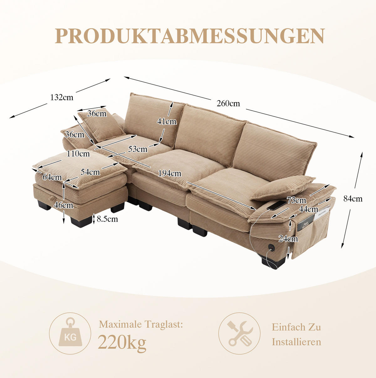 MODULÁRNÍ 3místná pohovka z manšestru 260x132x84 cm khaki s taburetem, USB-C portem a bočními kapsami - béžová, textil (132/260cm) - Modfu