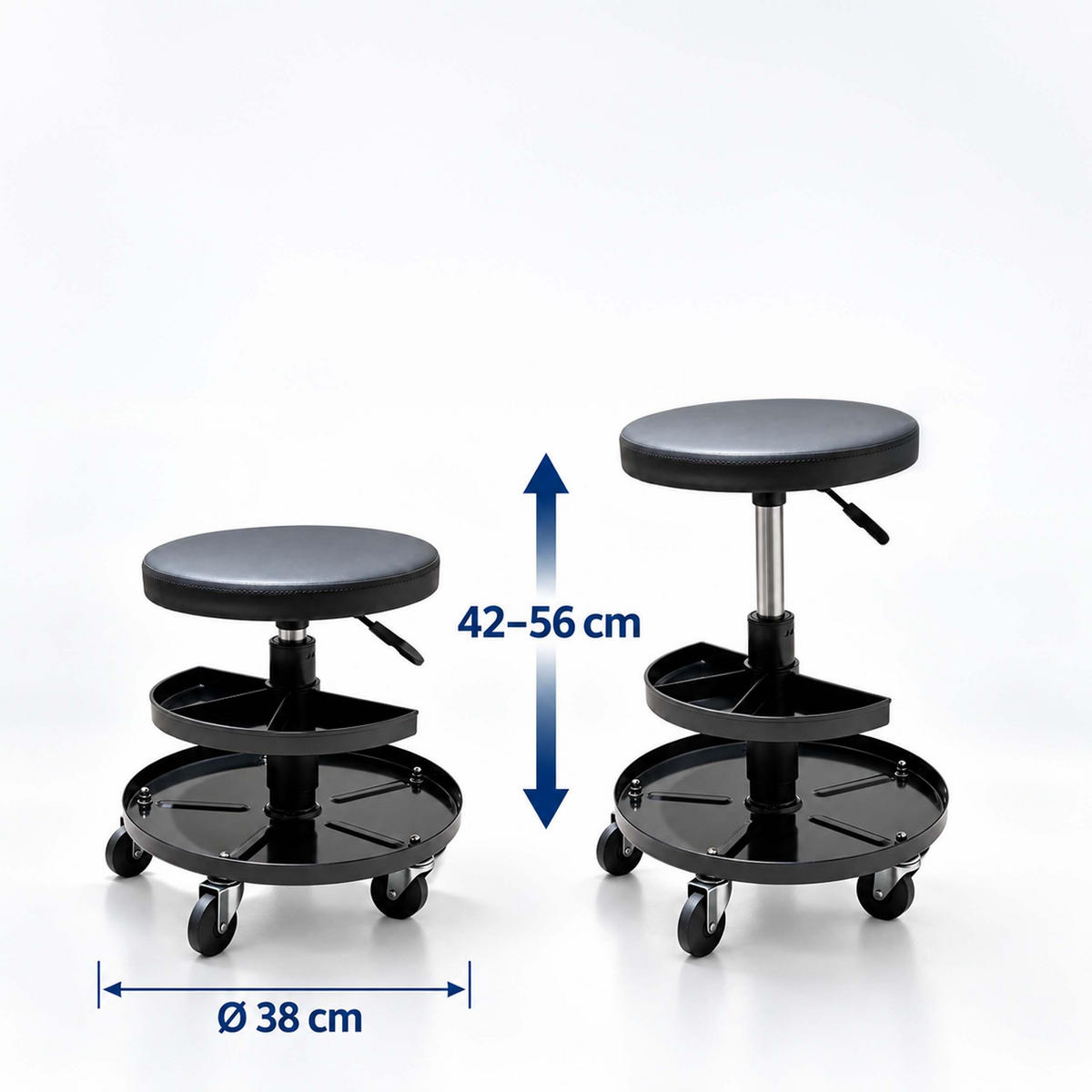 TABURET Čierny dielenský výškovo nastaviteľný s úložnými priehradkami 42 cm - čierna, kov/plast (38/42/38cm) - Relaxdays