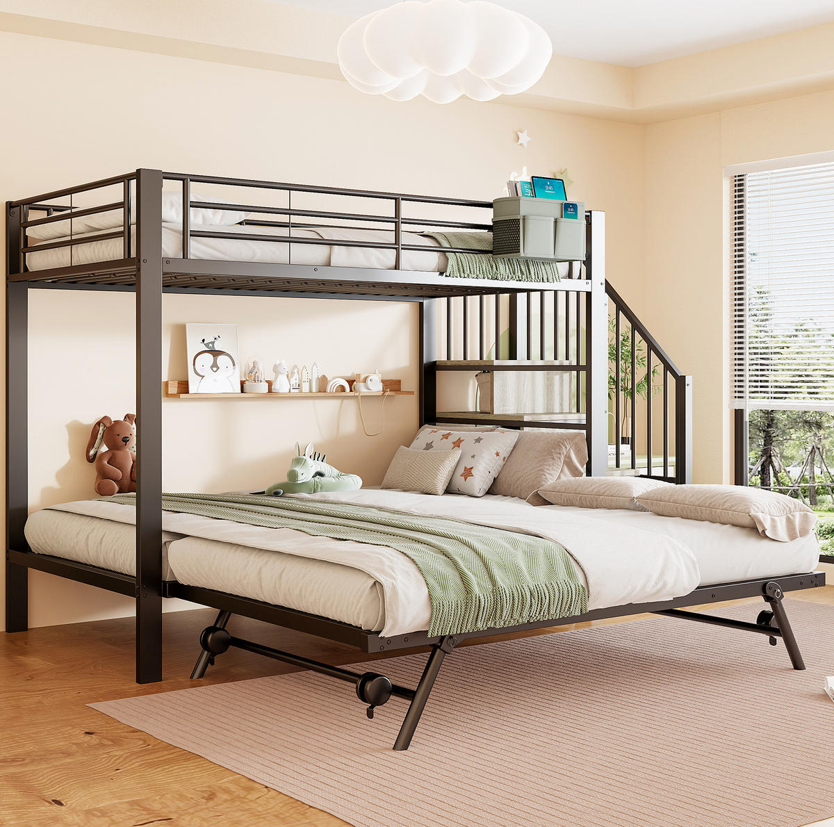 ETAGENBETT aus Metall 90x200/180x200 cm Schwarz mit Ausziehbett, Stauraumtreppe und Stofftasche - Schwarz, Metall (90/200cm) - Modfu