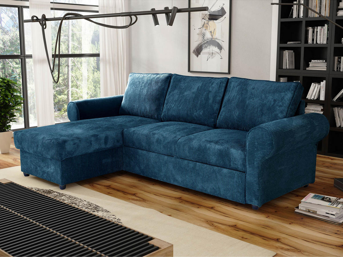 ECKSOFA Monaco Cord - Blau/Schwarz, Holz/Textil (246/155cm) - MIRJAN24