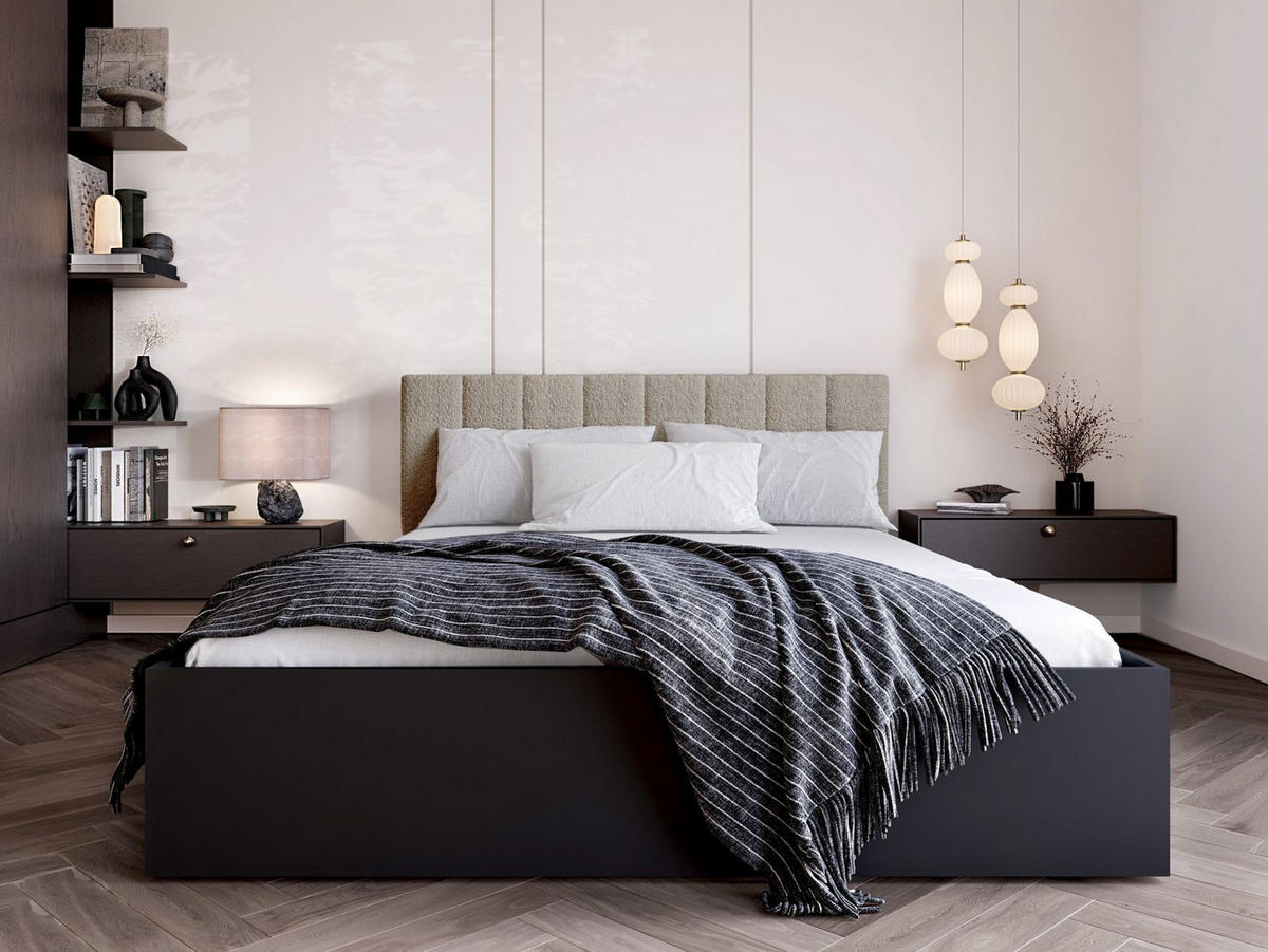 BETT Schwarz STYLE Mit Matratze Gepolsterter Beiger Kopfteil 120x200 cm - Beige, Textil (120/200cm) - Sepro Meble