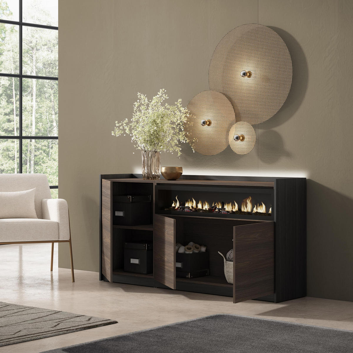 SIDEBOARD, Eiche und Schwarz, 156/37/80cm, Kamin mit Feuereffekt - Dunkelbraun, Holzwerkstoff (156/80/37cm) - Skraut Home