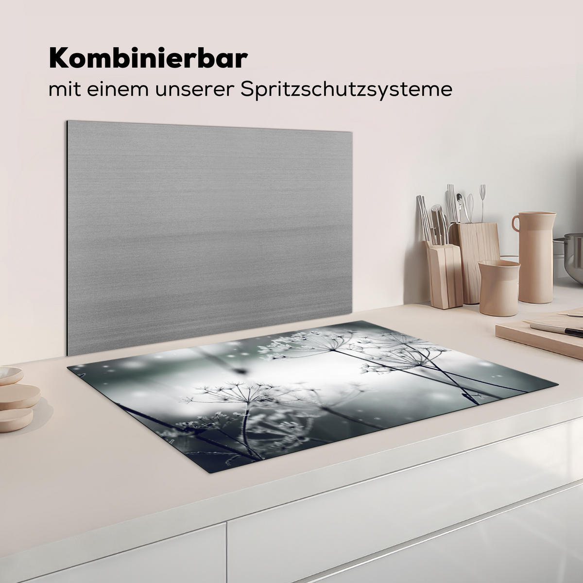 HERDABDECKPLATTE Blumen - Winter - Schnee - Natur Ceranfeldabdeckung 80x52 cm - Grau, Kunststoff (80/52/0.2cm) - MuchoWow