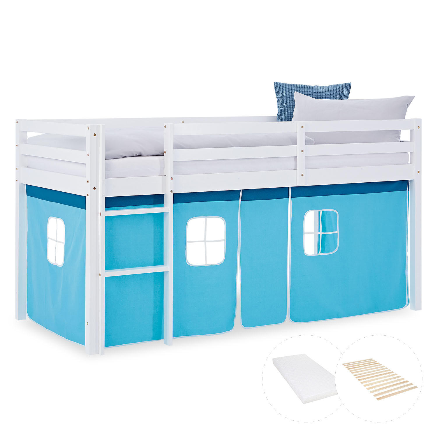 HOCHBETT 90/200 cm in weiß mit Matratze + Lattenrost + Bettvorhang Blau - Blau/Pastellblau, Holz/Textil (90/200cm) - Homestyle4u
