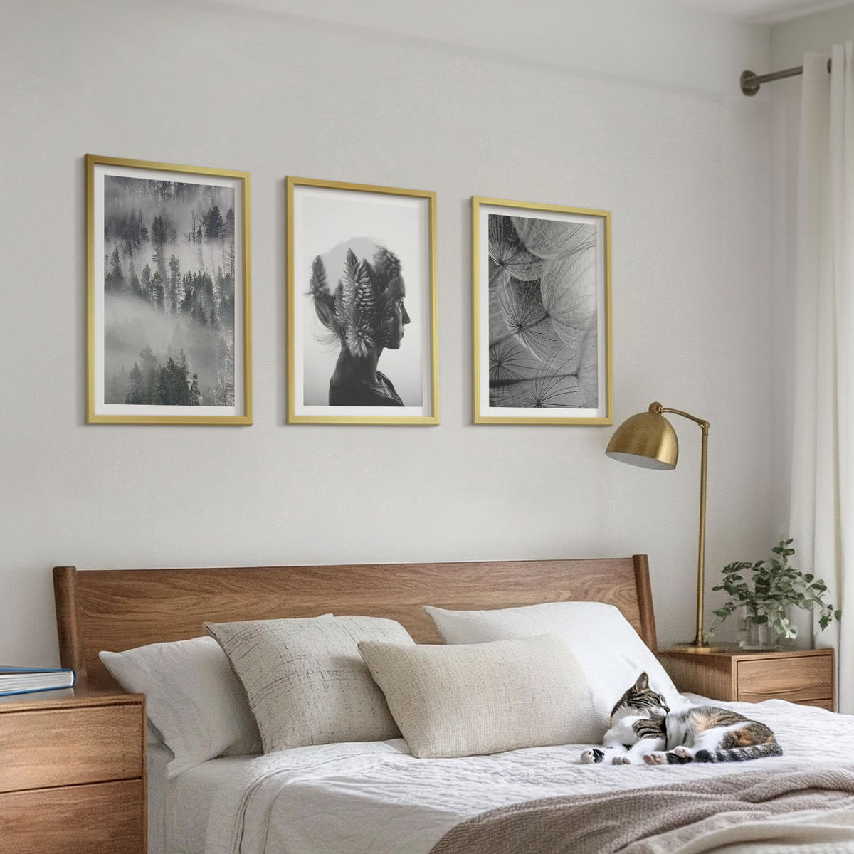 WANDBILDER 3er Set - 40x60 cm Goldrahmen - Waldnebelporträt Baum Löwenzahn - Goldfarben, Kunststoff (40/60cm) - ArtPrintCave