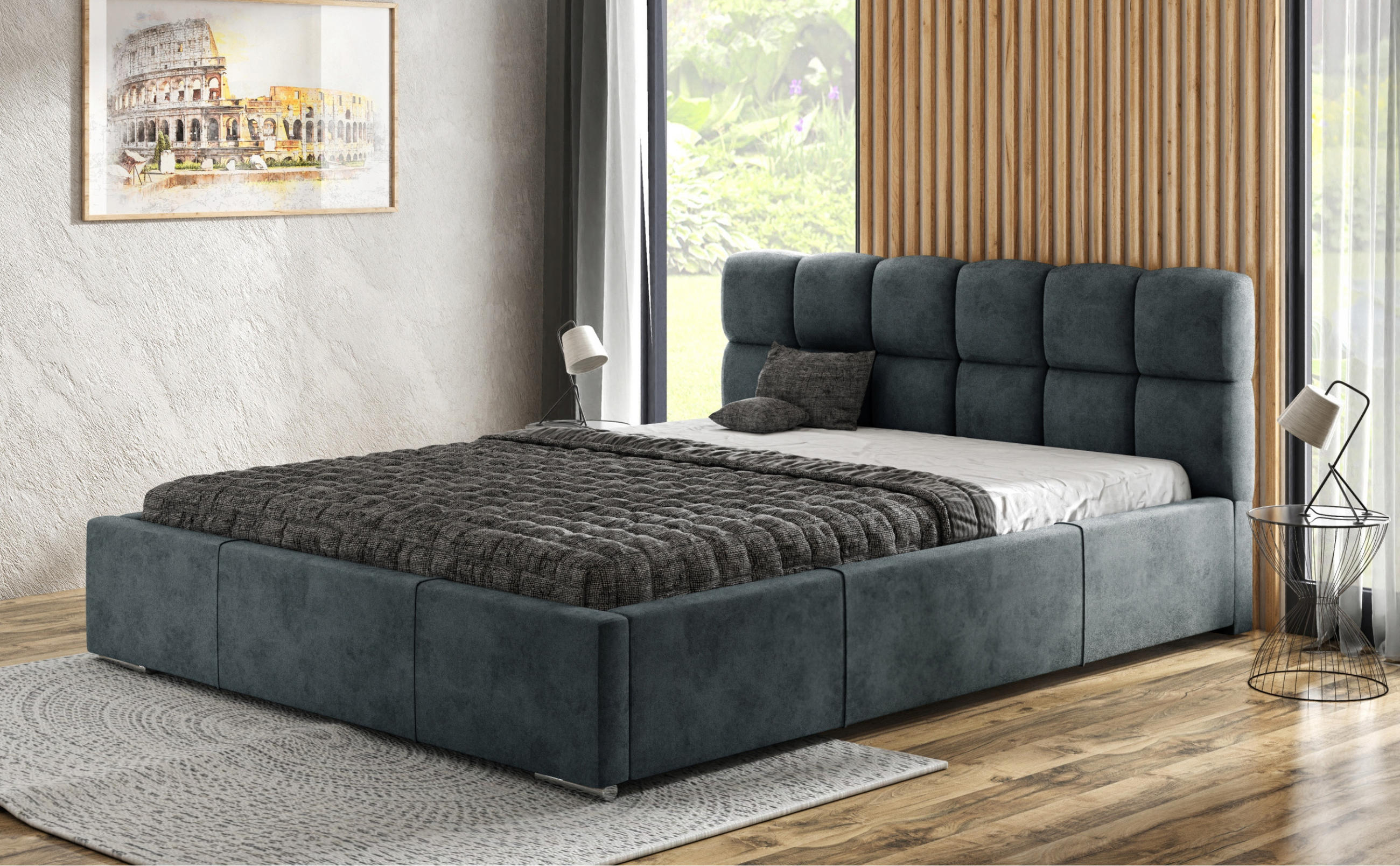 POLSTERBETT MALTA mit Kopfteil, 200 x 200 cm, Doppelbett mit Bettkasten und Lattenrost aus Metall, Velourstoff: Dunkelgrau - Dunkelgrau, Holz/Textil (200/200cm) - Agmat-Furniture