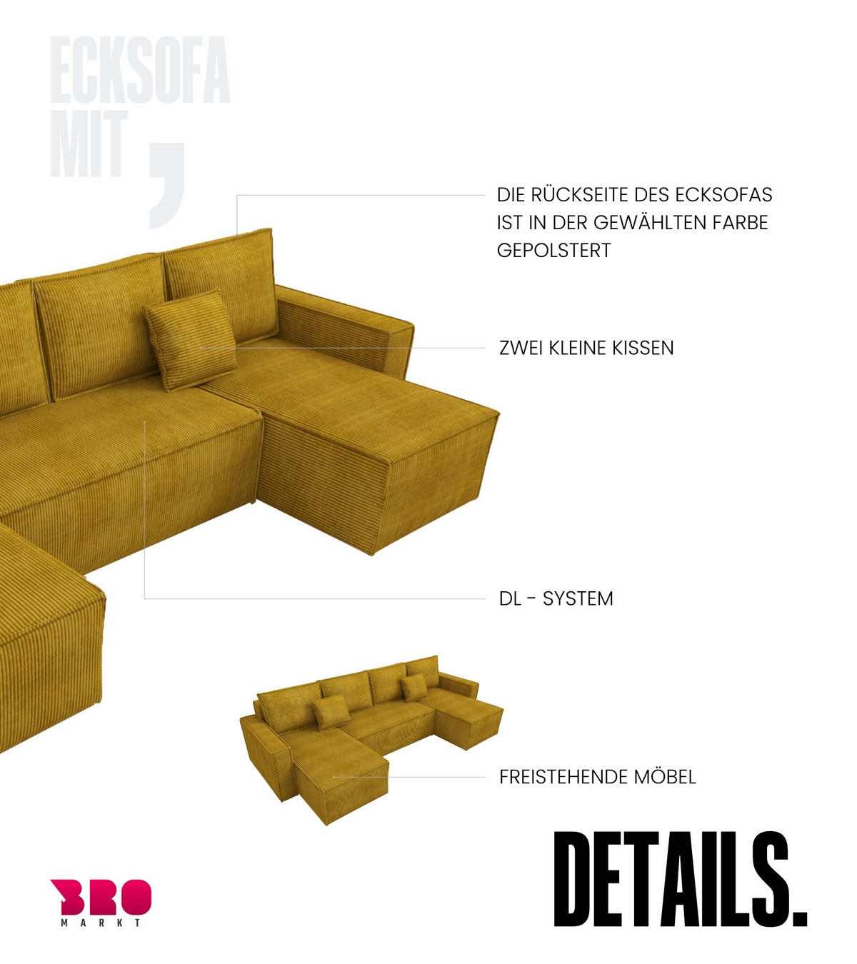 WOHNLANDSCHAFT Dexter U mit Schlaffunktion Gelb Cord - Gelb, Textil (310/80/141cm) - Bromarkt