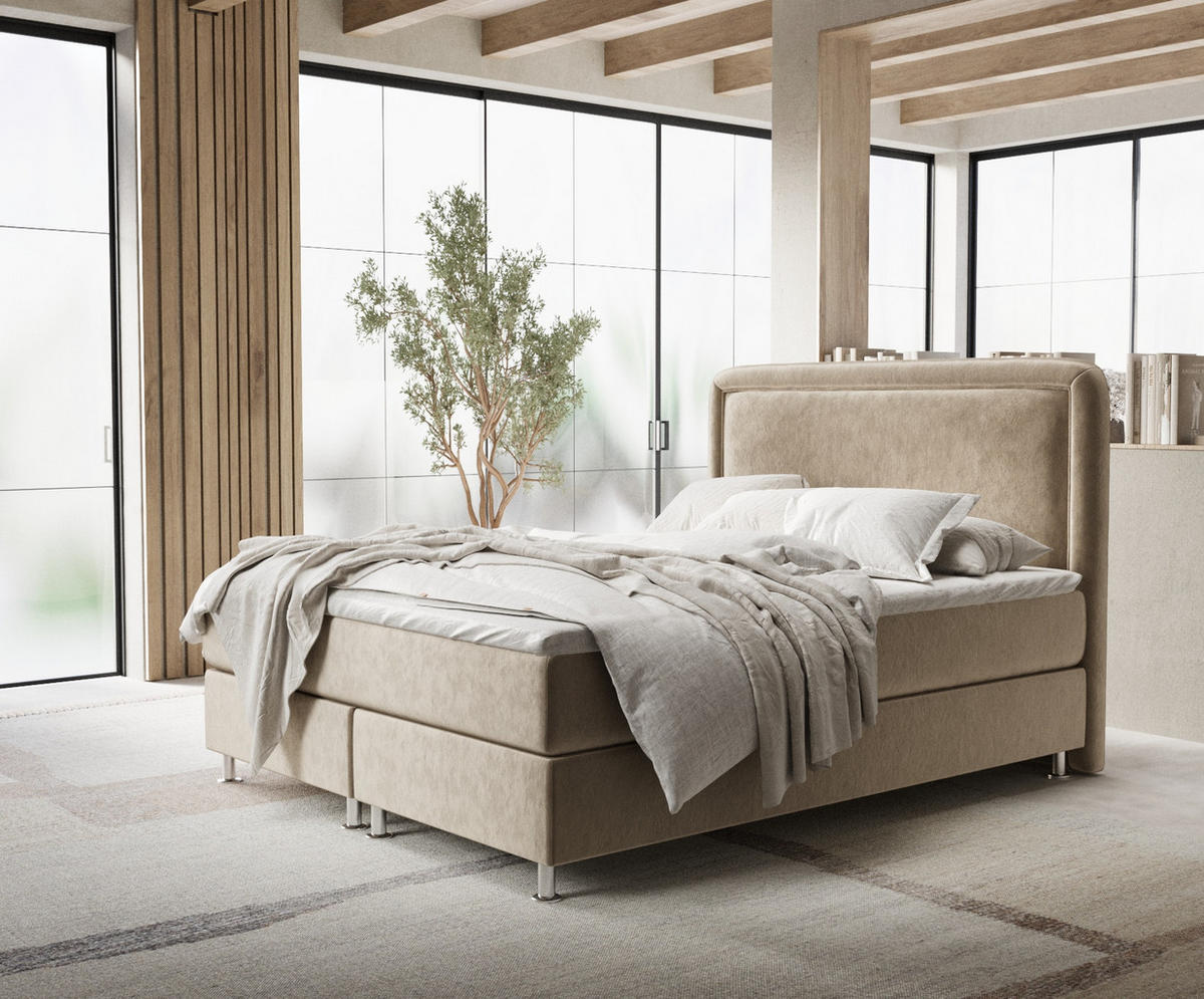 BOXBETT Salvi Beige 180/200 cm mit Matratze und Topper - Beige/Silberfarben, Holz/Holzwerkstoff (180/200cm) - Maison de Reve