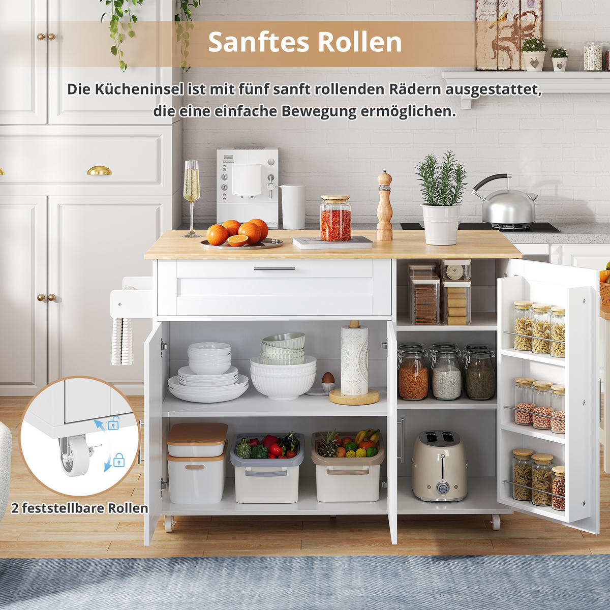 KÜCHENWAGEN 132.5x70x90cm Eiche Optik mit Klappplatte, Schublade & 5 Rollen - Weiß, Holzwerkstoff (132.5/90/70cm) - Modfu