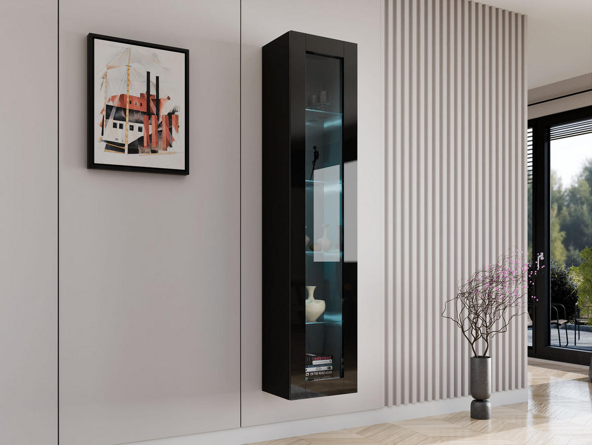 HÄNGEVITRINE 180 Vigo Glas mit RGB LED Beleuchtung - Schwarz Hochglanz/Schwarz, Holzwerkstoff (40/180/30cm) - MIRJAN24