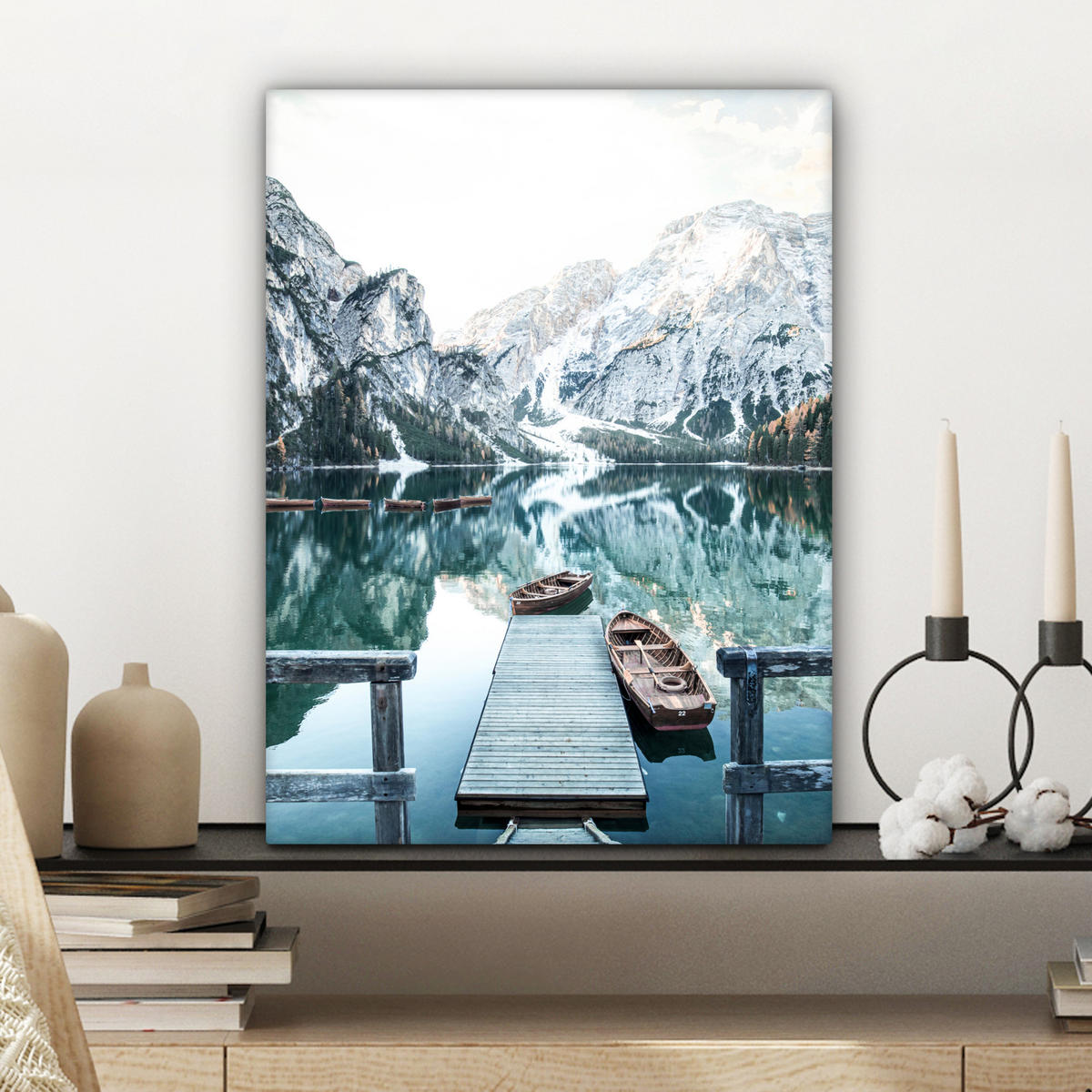 LEINWANDBILD Natur - Berge - Schnee - Wald - Boot 30x40 cm - Hellgrün, Textil (30/40cm) - MuchoWow