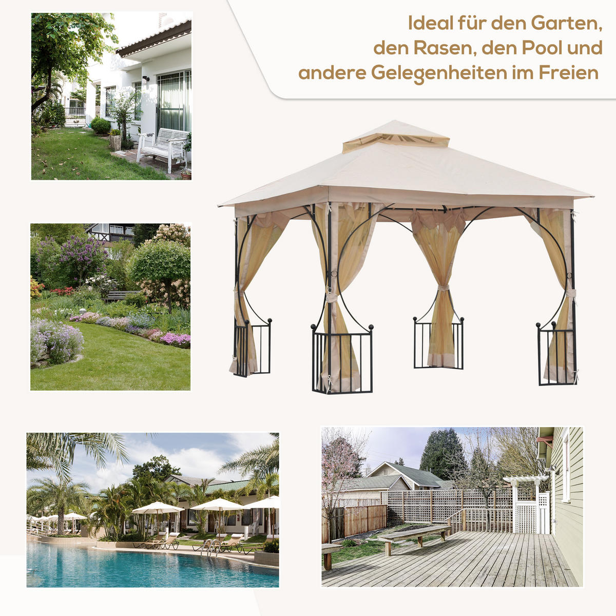 PAVILLON, Beige+Schwarz, Metall, Polyester, Moskitonetz - Beige, Metall (295/275/295cm) - Outsunny