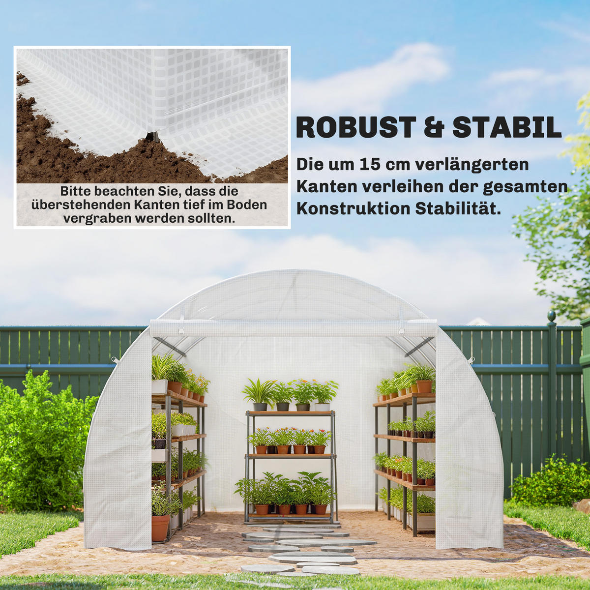 GEWÄCHSHAUSFOLIE DE-05797 mit Rolltür und 6 Fenstern 3 × 3 × 2 m Weiß - Weiß, Kunststoff (300/200/300cm) - ComfortXL