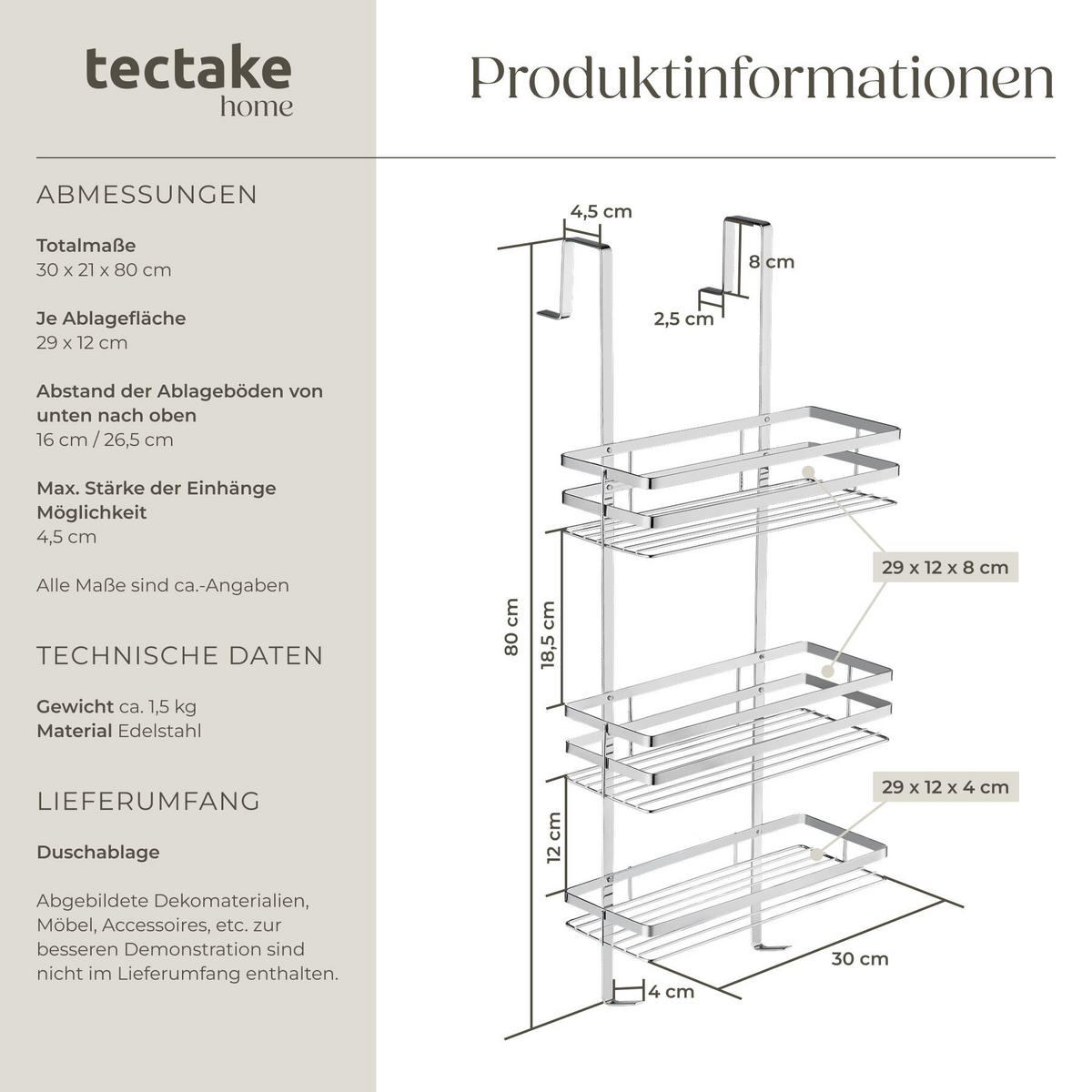 DUSCHABLAGE , 30 x 21 x 80 cm, silber - Silberfarben, Metall (21/80/30cm) - tectake