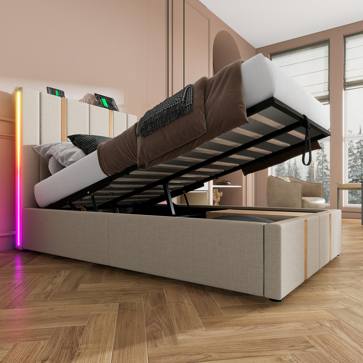 ČALÚNENÁ posteľ 90/200 cm béžová s LED, USB a úložným priestorom z ľanovej tkaniny - béžová, textil (90/200cm) - OKWISH