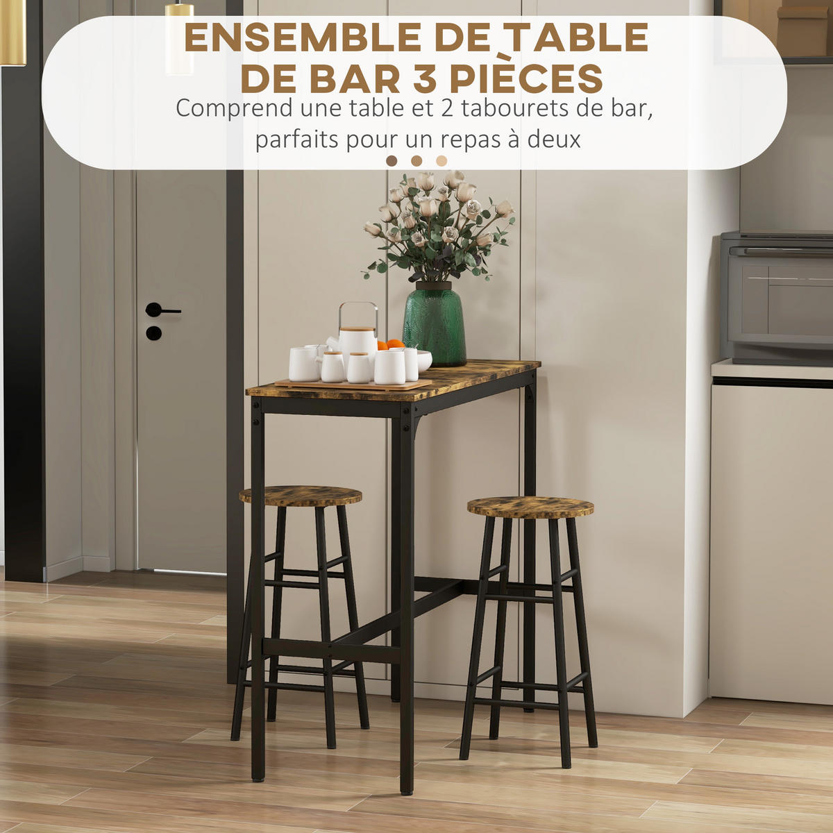 BARTISCH-SET DE-14745 2 Hocker mit Fußstütze & Holzdekor Schwarz/Akazie - Braun, Holzwerkstoff (105/40/90cm) - ComfortXL