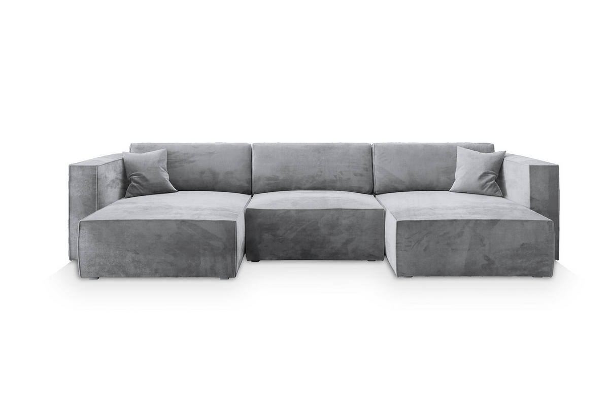 WOHNLANDSCHAFT SARMO M Hellgrau Velours-Stoff mit Schlaffunktion - Hellgrau, Holz (347/70/148cm) - MASSENO