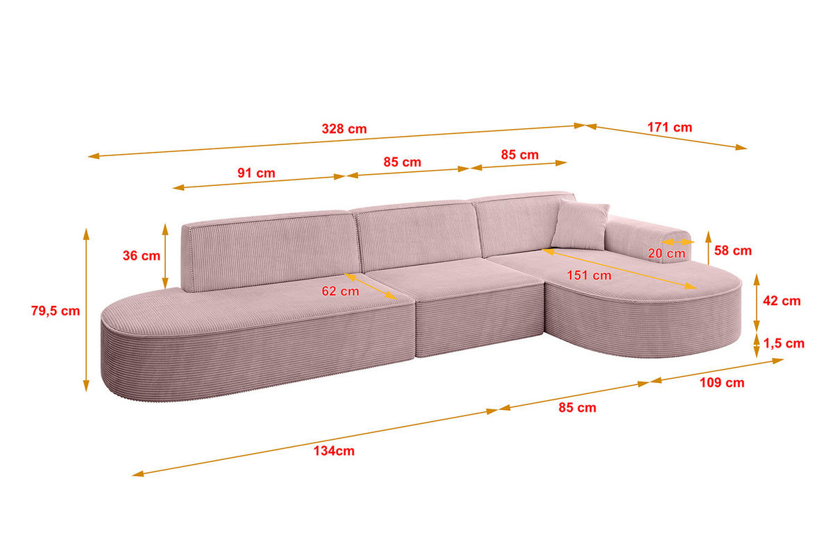 ECKSOFA Ottomane Rechts MARI-L2 - 328x171x79 cm Rosa Cord - Schwarz/Rosa, Holzwerkstoff/Kunststoff (171/328cm) - ALTDECOR