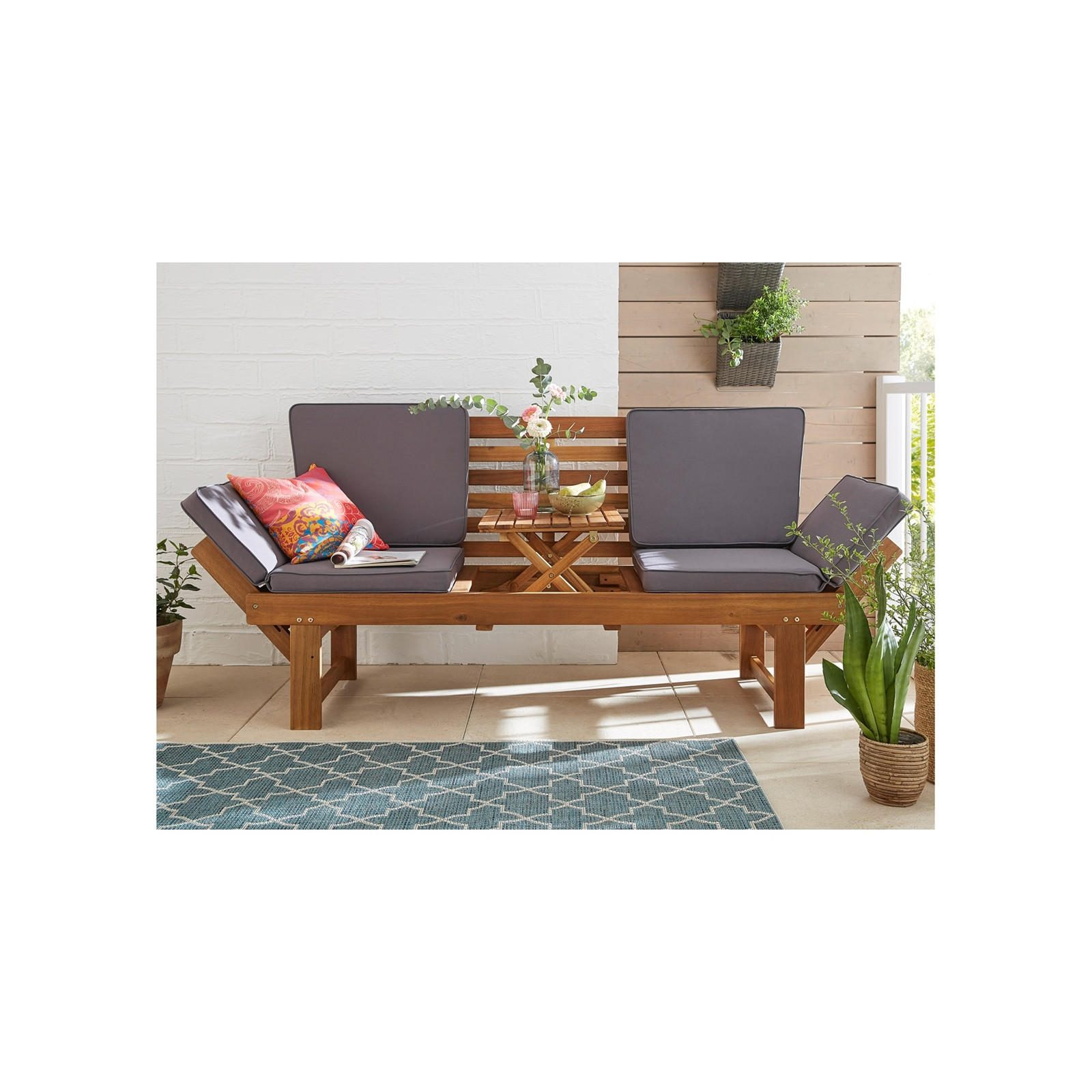 GARTENBANK Akazie 200 Multifunktionell, mit Polstern, integrierter Tisch naturfarben - Naturfarben, Holz (202/87/67cm) - DESIGN DELIGHTS