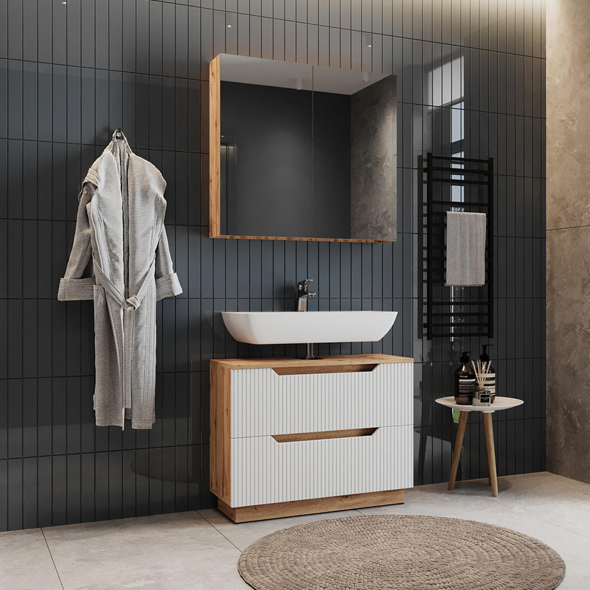 BADMÖBEL-SET Lotta Eiche/weiß gestreift 2 Teile - Eichefarben/Weiß, Holzwerkstoff (79.6/62.5/32cm) - Vicco