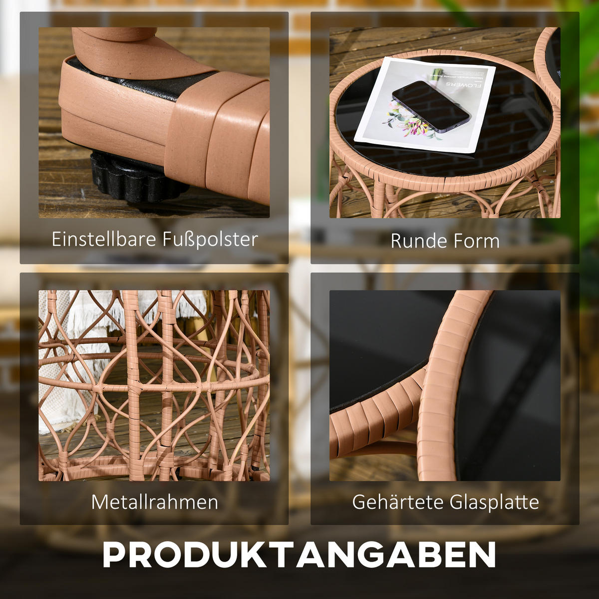 BEISTELLTISCH 2er- Set , für Garten, Balkon, Khaki - Naturfarben, Kunststoff (55/55/51cm) - Outsunny