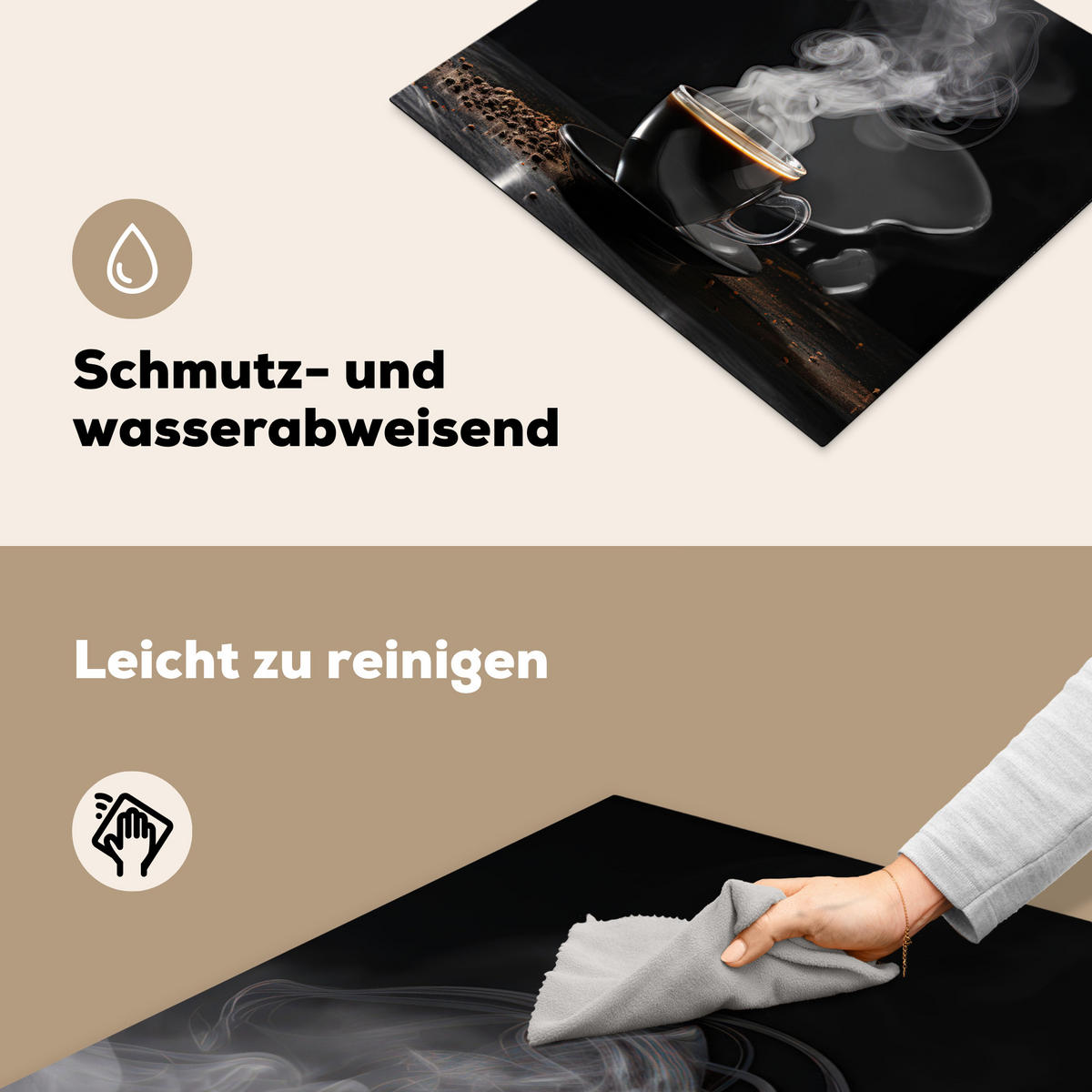 HERDABDECKPLATTE Kaffee - Schwarz - Bohnen - Heiß - Tasse Abdeckung Ceranfeld 59x51 cm - Schwarz, Kunststoff (59/51/0.2cm) - MuchoWow