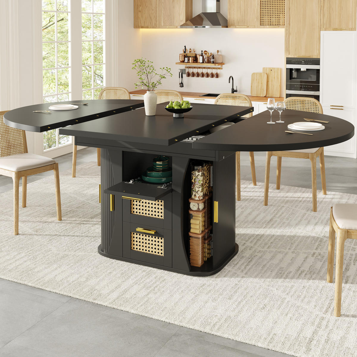 ESSTISCH Ausziehbar 118-158Cm Stauraum Rattan Schwarz - Schwarz, Holzwerkstoff (118/118/77.1cm) - FLIEKS