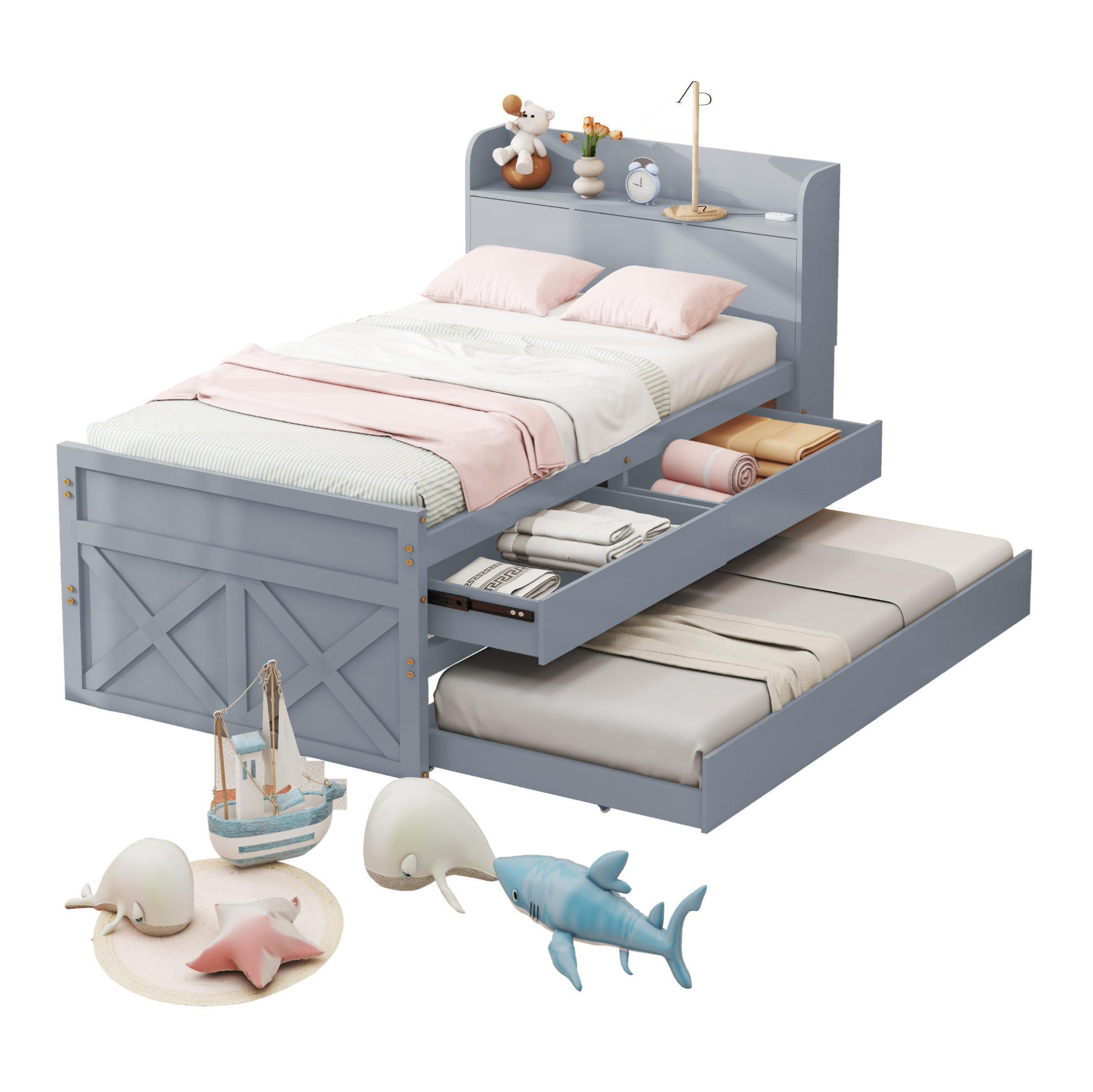 EINZELBETT aus 90x190 cm Grau mit USB-Anschluss, Nachttisch, Ausziehbett und 2 Schubladen - Grau, Holzwerkstoff (90/200cm) - Modfu