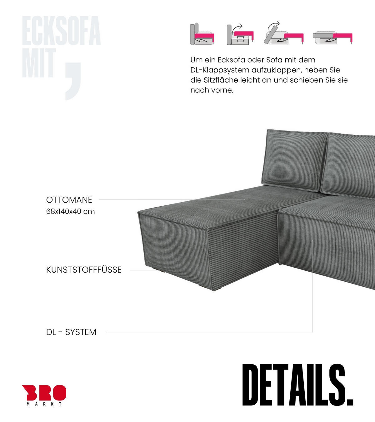 ECKSOFA Hector mit Schlaffunktion Grau Cord - Grau, Textil (200/141cm) - Bromarkt