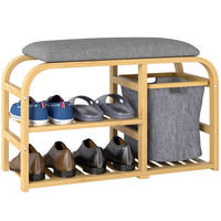 SCHUHBANK Natur mit Sitzkissen und Korb 70/30/45 cm - Naturfarben, Holz (70/45/30cm) - PANGIVO