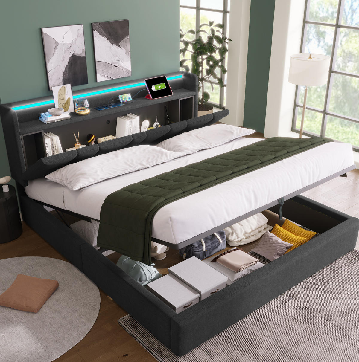 POLSTERBETT mit Stauraum, USB & LED 140x190 cm Leinen Grau - Grau, Metall (140/190cm) - Meubliv