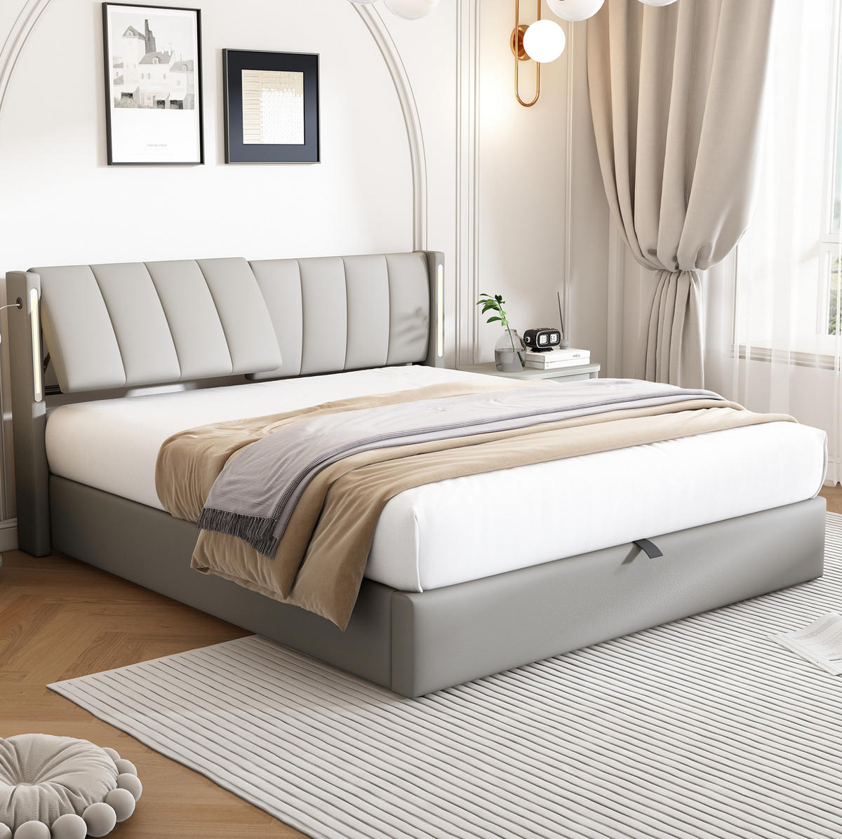 POLSTERBETT mit LED und USB 140x190 cm PU Grau - Grau, Metall (140/190cm) - Meubliv